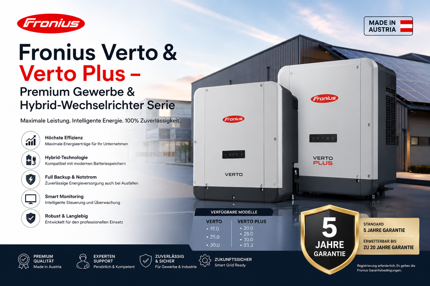 Fronius Verto & Verto Plus – Premium Gewerbe & Hybrid-Wechselrichter Serie